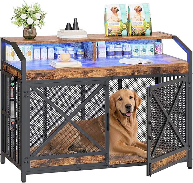 HOOBRO 43.3" Dog Crate Furniture, Heavy Duty Dog Kennel Indoor with Storage Shelves, Wooden Dog Cage with LED Lights, for Medium Large Breed, Rustic Brown and Black BF89DGW03