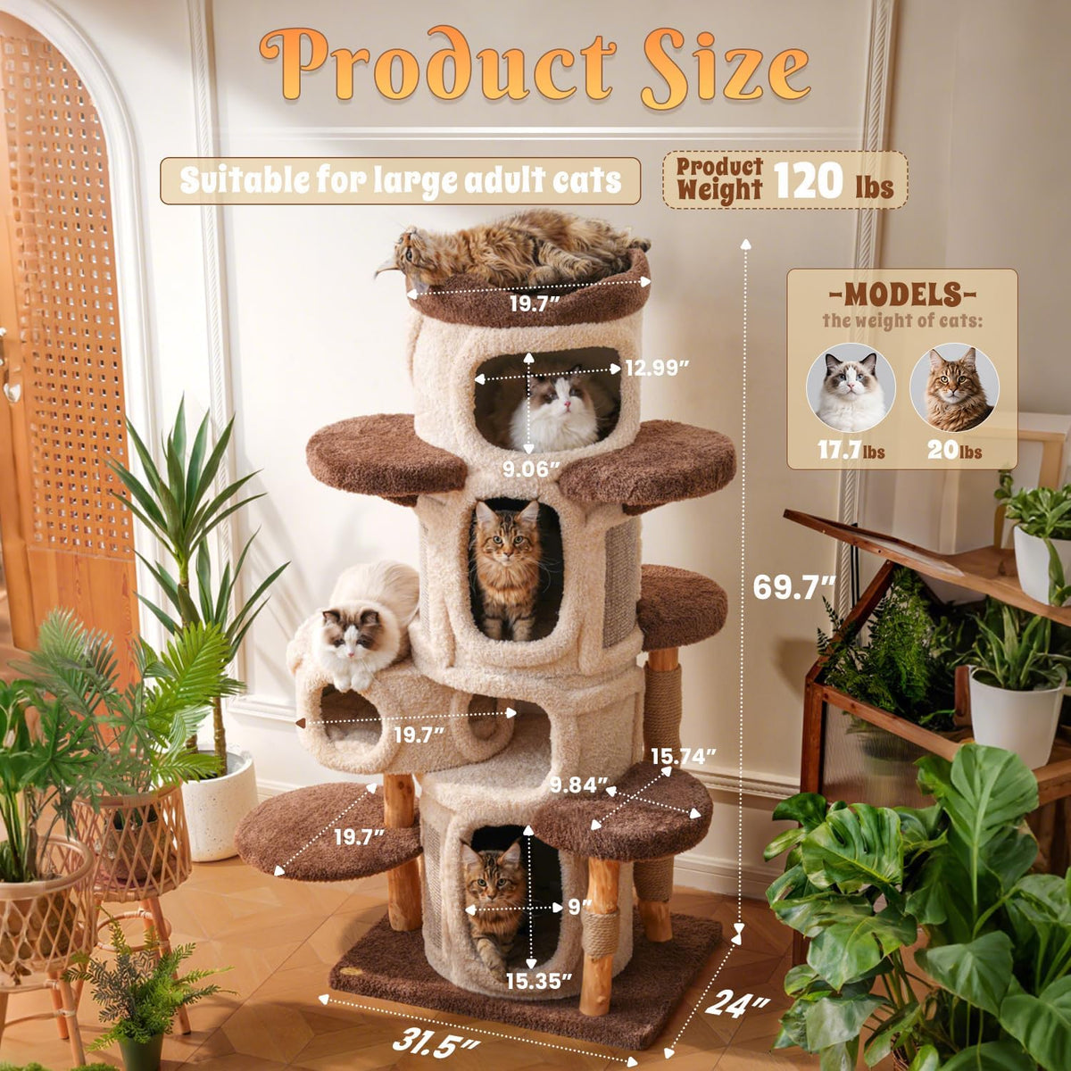 70'' Luxury Heavy Duty Cat Tree for Indoor Cats Adults,Treehouse Theme Large Cat Tower for Home Decoration,Multi-Level Modern Maine Coon Condo with 3*Wood Scratching Post,Perch,Huge House for Multicat