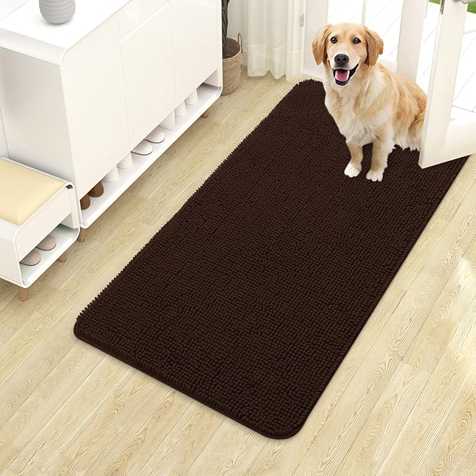 OLANLY Dog Door Mat for Muddy Paws 40x24, Absorbs Moisture and Dirt, Absorbent Non-Slip Washable Doormat, Quick Dry Chenille Mud Mat for Dogs, Entry Indoor Entryway Carpet for Inside Floor, Brown