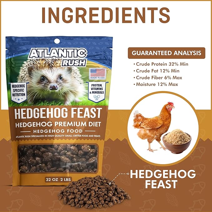 Atlantic Rush Hedgehog Feast Premium Food - 2lb Resealable Bag of Hedge Hog Delite- Small Critter Supplies Hedge Hog Food - Hedgehog Treats- Sourced & Made in The USA