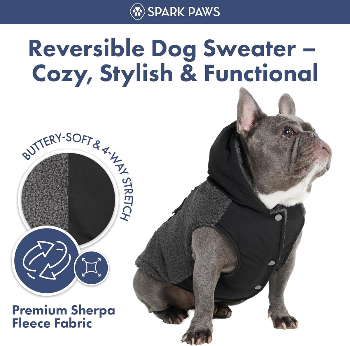 Spark Paws Reversible Dog Sweater, Sherpa Jacket Vest with Warm Fleece Lining, Warm Coat for Winter, Suitable for Small Medium, Large, XL XXL Dogs - Black and Grey - 2XL