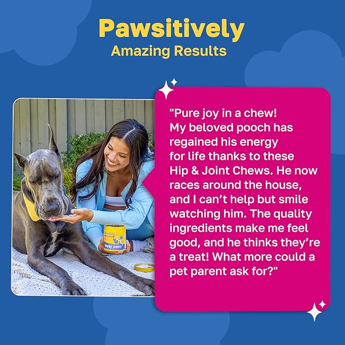 Happy Paws Hip & Joint Supplement for Dogs, Glucosamine Chondroitin For Dogs Of All Breeds, Mobility Support Chews With Hyaluronic Acid & Turmeric, Vegan Bacon Flavor, Organic, Non GMO, 100 Soft Chews