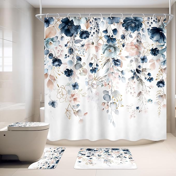 4 PCS Navy Blue Floral Flower Shower Curtain Set 72Wx72H Inch Watercolor Pastel Plant Complete Bathroom Set Non-Slip Bath Rug Toilet Lid Cover and U Shape Mat Accessories 12 Hooks Bathoom Decor