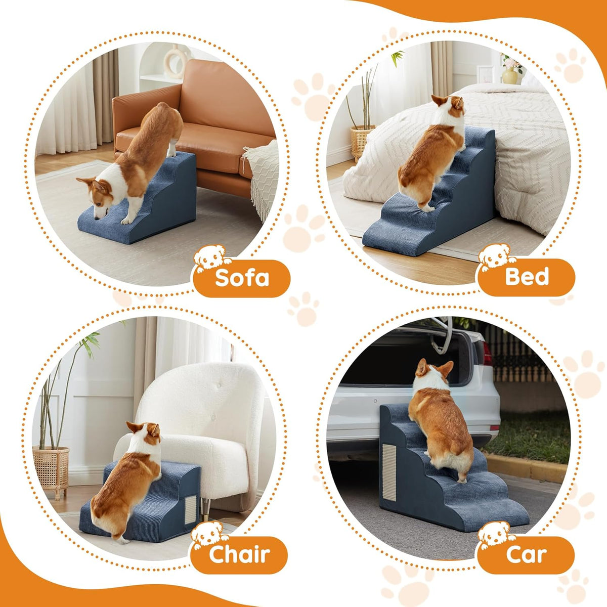Pet Stairs, Dog Stairs for Small Dogs, Dogs Steps, 5-Step Curved Dog Ramp for Bed, Couch, Sofa, Car and Chairs, Non-Slip Bottom Design, Cat Scratching Board, High Density Foam Portable Pet Step, Navy