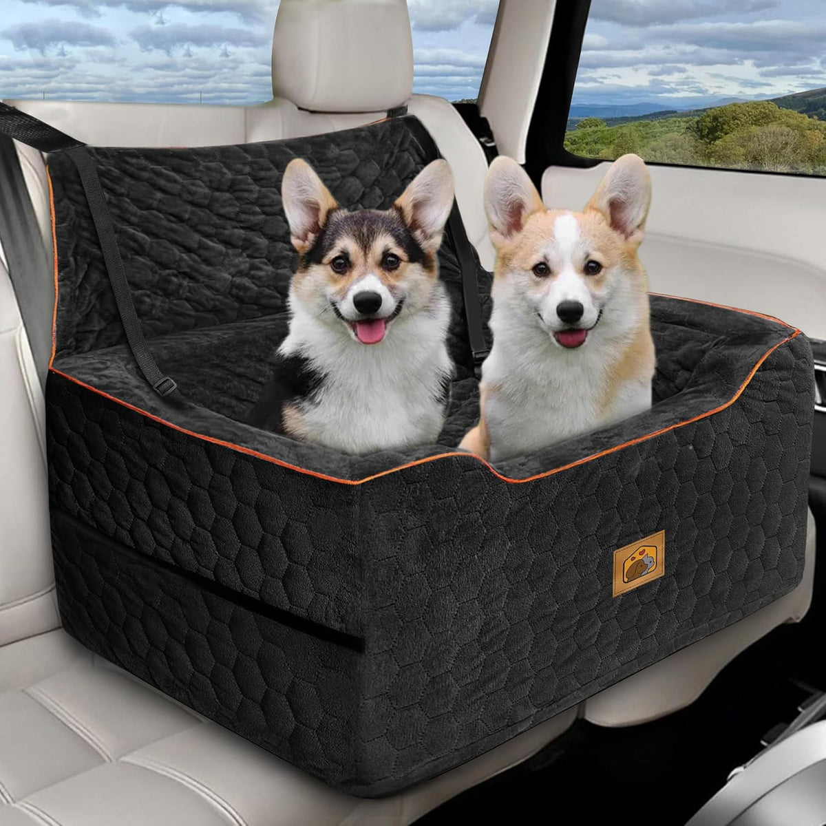 Dog Car Seat for Medium/Large Dogs, Washable Dog Booster Seat Under 60 lbs or 2 Small Dogs, Multi-Functional Pet Car Seat with Thick Cushion, 2 Safety Leashes (Black)