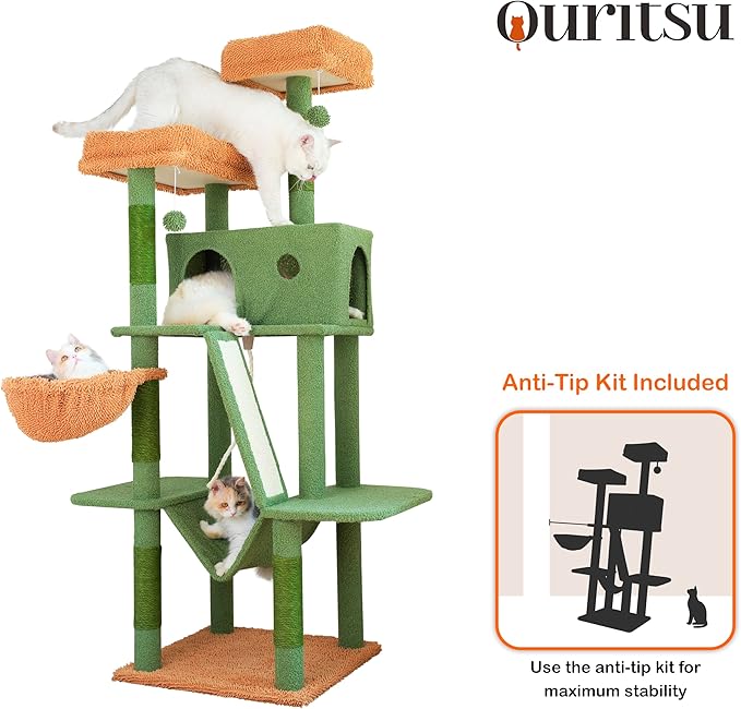 Ouritsu Cat Tree, 61 inch Tall Cat Tower for Large Cat Indoor, Enlarged Condo, 2 Padded Perches with 1 Widened, Large Hammock, Scratching Post and ramp, Fluffy Basket, Green, LF002GB