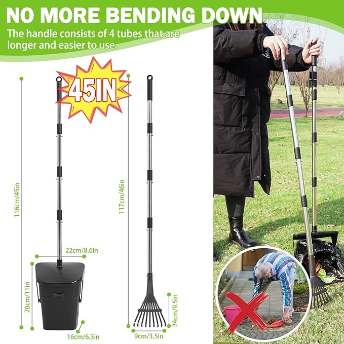 SCENEREAL Dog Pooper Scooper for Yard, Dog Poop Trash Can Outside Swivel Bin Rake Kit for Large Medium Small Dogs with 40 Waste Bags, Extra Long 45" Metal Handle, Portable Heavy Duty Outdoor Scooper