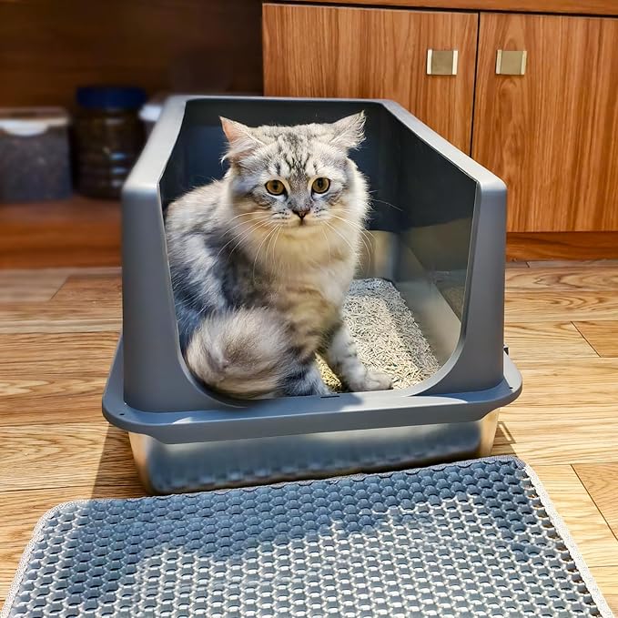 LIHONG Stainless Steel Litter Box with Lid, XL Metal Cat Litter Tray for Indoor Cats, Enclosure Cat Litter Pan for Large Cats, Non-Sticky Large Kitty Litter Box, Anti-Leakage, 23.5" X 15.6" X 12"