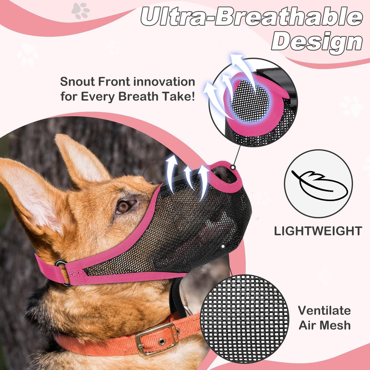 Dog Muzzle, Soft Air Mesh Muzzle for Small Medium Large Dogs Anti Biting Barking Chewing Scavenging, Breathable Adjustable Loop Pets Muzzle with Front Opening Design Allows Panting Drinking (Pink,XL)