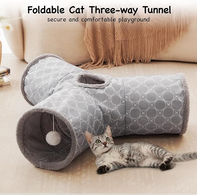 Tempcore Pet Cat Tunnel Tube Cat Toys 3 Way Collapsible, Cat Tunnels for Indoor Cats Fleece-Lined in for Warmth，Kitty Tunnel Bored Pet Toys Peek Hole Toy Ball Cat, Puppy, Kitten, Geometry Grey