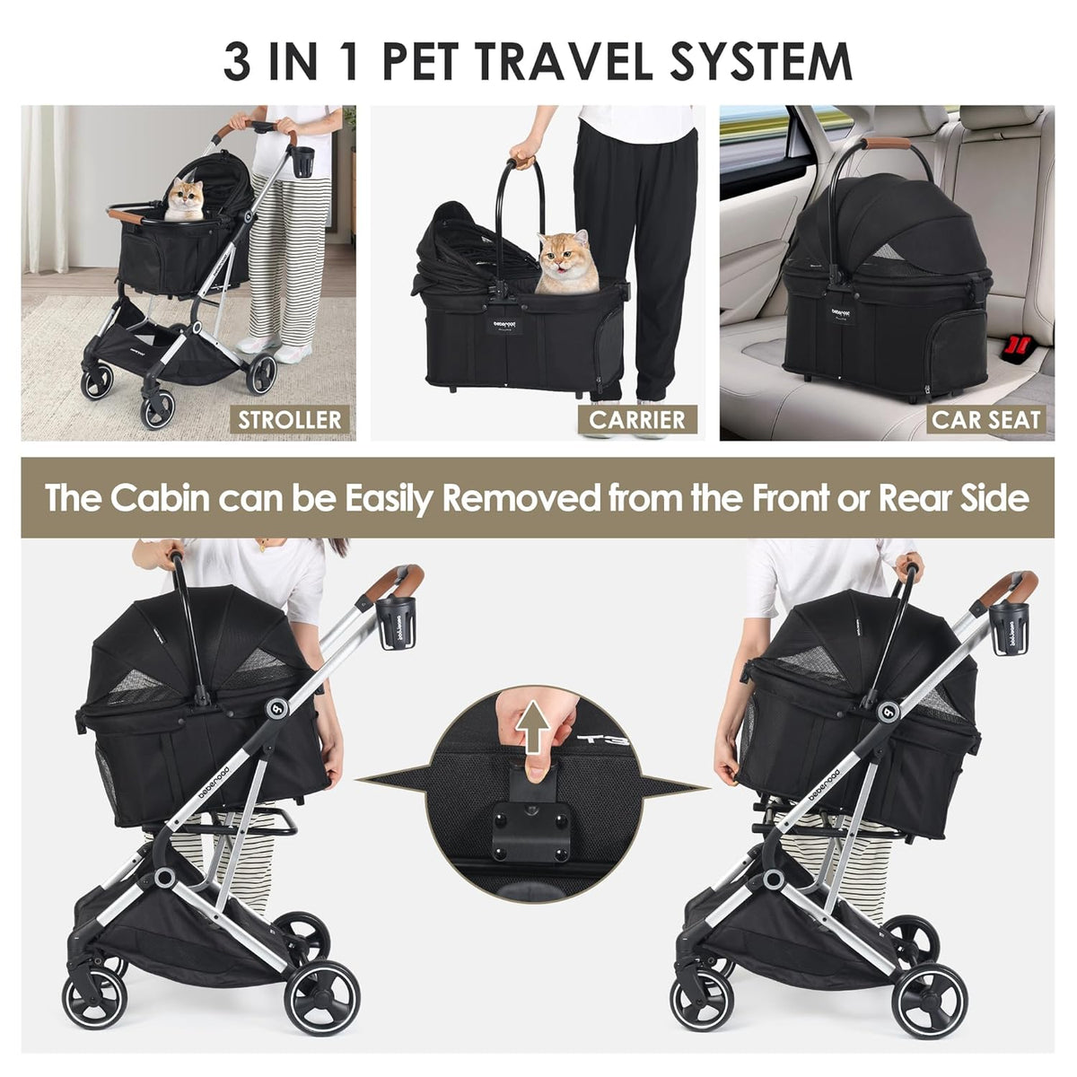 T3 Pro 3-in-1 Small Pet Stroller for Dog & Cats, 4 Wheels with Detachable Carrier with Pad, Canopy and Cup Holder (Black)