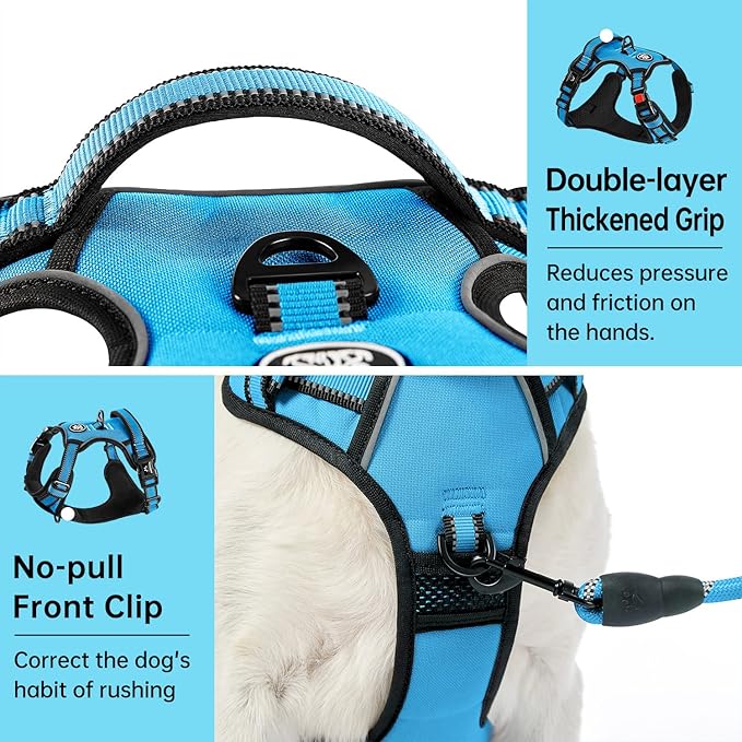 IVY&LANE No Pull Dog Harness for Large Dogs, Dog Vest Harness with Leash, Safety Belt and Storage Strap, Fully Adjustable Harness, 360° Reflective Strip, Soft Handle (Blue, L)
