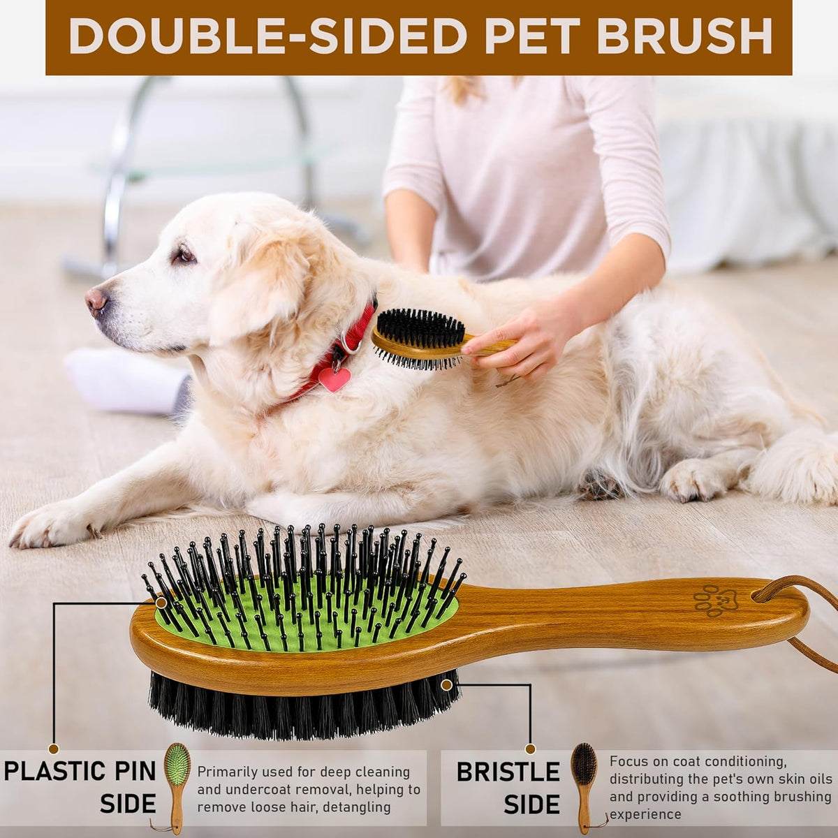 TAKAVU Pin & Bristle Pet Brush for Dogs & Cats - Double Sided Grooming Tool Detangles, Removes Loose Hair & Conditions Coat - Wood Handle