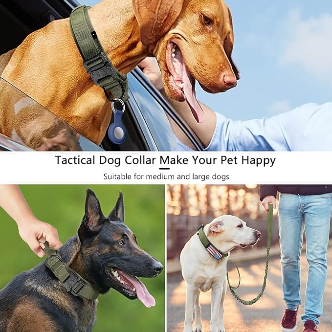 DAGANXI Tactical Dog Collar, Adjustable Military Training Nylon Dog Collar with Control Handle and Heavy Metal Buckle for Medium and Large Dogs, with Patches and Airtags Case (M, Green-Set)