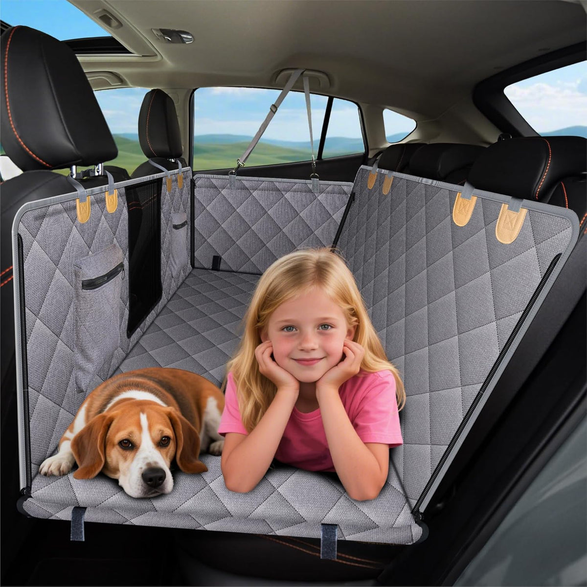 Back Seat Extender for Dog, Waterproof Dog Car Seat Cover for Back Seat, Hard Bottom Car Seat Cover, Large-Space Hammock for Car Truck SUV, Pet Seat Cover Holds 450lbs(Grey)