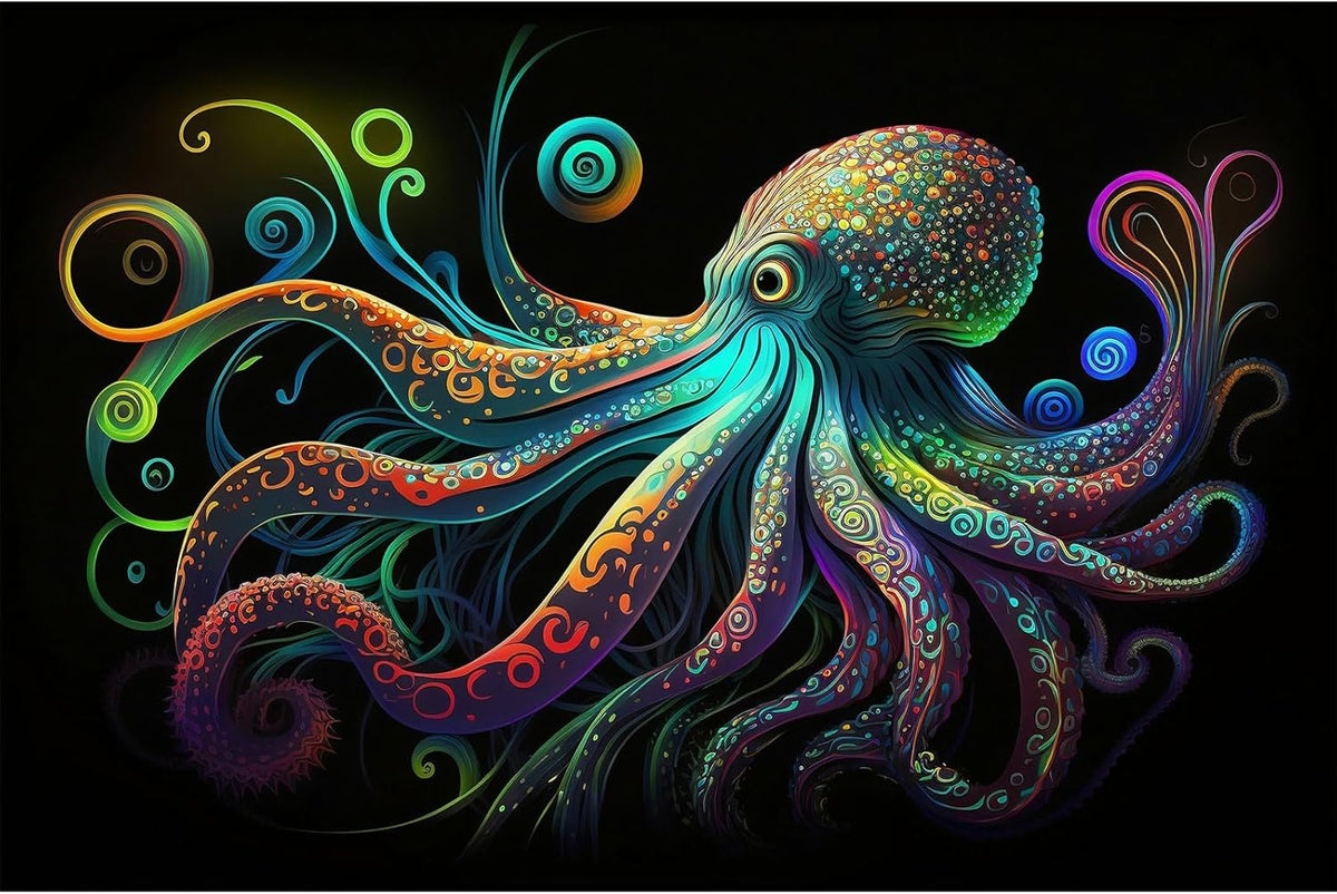 Octopus Aquarium Background Exquisite Colorful Octopus Terrarium Background Glowing Octopus on Black Background Fish Tank Backdrop Octopus Backdrops Poster Wallpaper Decorations Vinyl 30x12in
