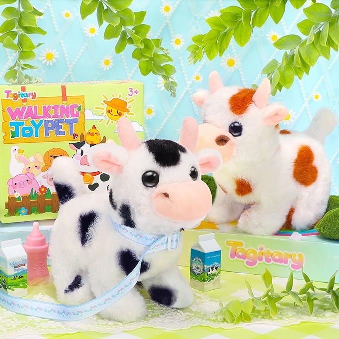 Tagitary Plush Toys Interactive Toys Cow for Kids,Walking Pet Toys Can Make Sounds,Wag Tail and Nod Head, Realistic Stuffed Cattle Toys Birthday Gift for Kids Toddlers