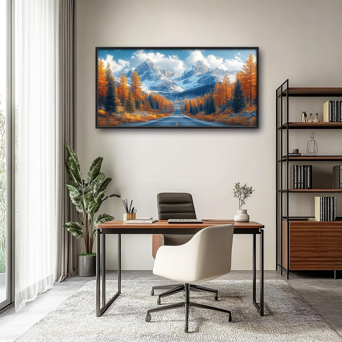 Large Forest Mountain Landscape Wall Art for Living Room, Nature Highway Road Scenery Canvas Oversized Wall Decor, Autumn Framed Pictures Painting Print Artwork for Bedroom Office 60"L x 30"W