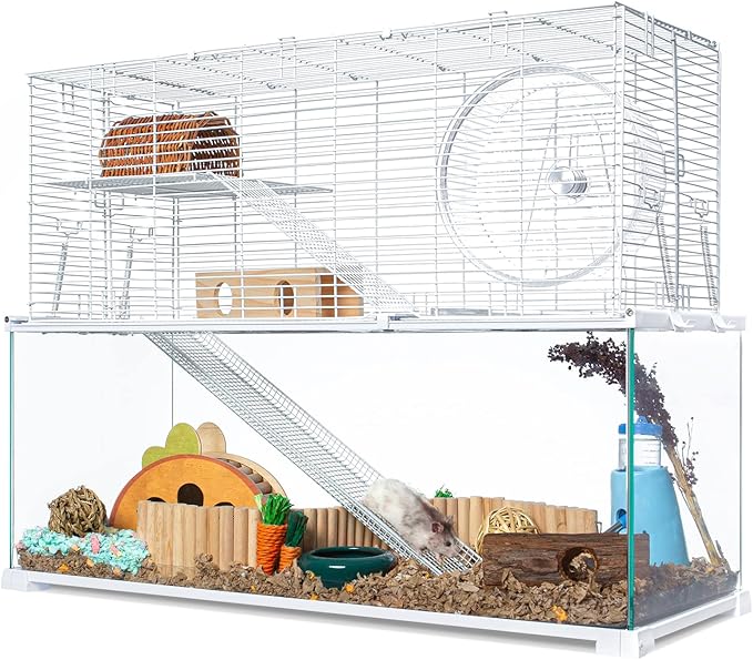 OIIBO 3 Tiers Large Hamster Cages, Glass Hamster Cage Habitat with Openable Wire Topper, Gerbil Cage with Two Ladders Ramps and Removeable Waterproof PVC Tray, Easy to Clean