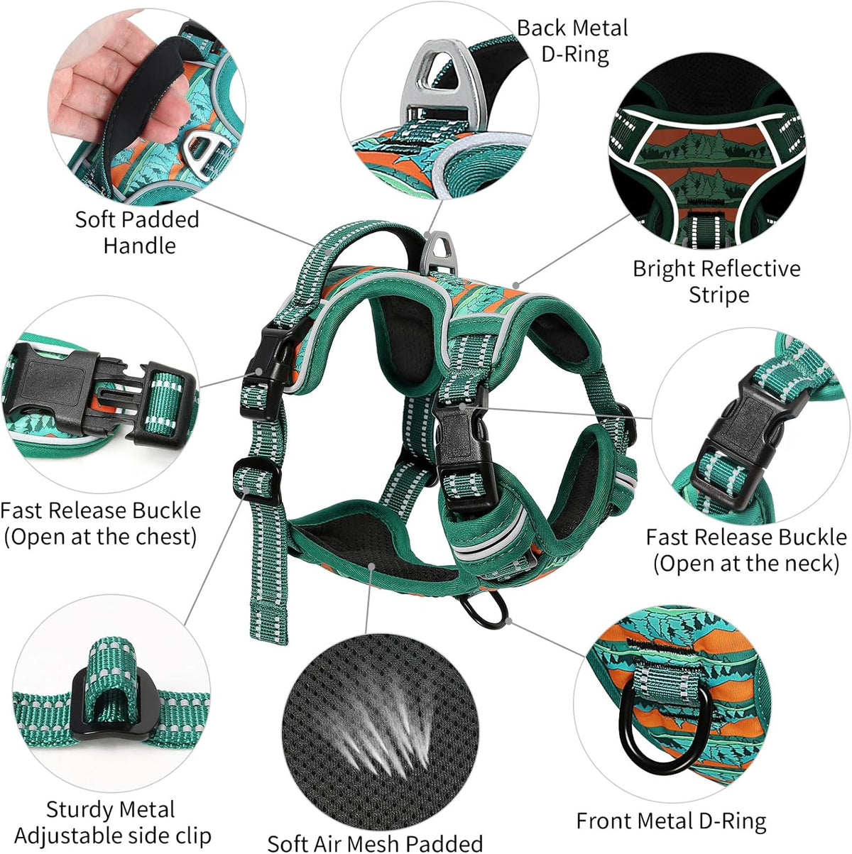 Timos No Pull Dog Harness,No Choke Front Clip Dog Reflective Harness,Adjustable Soft Padded Pet Vest with Easy Control Handle for Medium Dogs,Wilderness,M