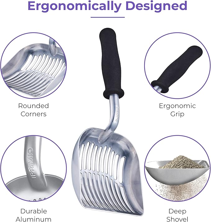 iPrimio Monster Metal Cat Litter Scoop with 17-Inch Long Handle - Extra Large Deep Shovel with Rounded Corners for Extended Reach and Soft Ergonomic Grip for Effortless Cleaning