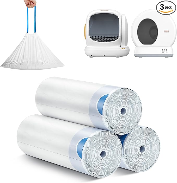 MeoWant Cat Litter Box Liner - 60PCS Heavy Duty Drawstring Trash Bags for MeoWant MW-SC01/MW-SC02 Automatic Self-Cleaning Boxes, Extra Thick Leakproof, 3 Rolls (20 Bags/Roll)