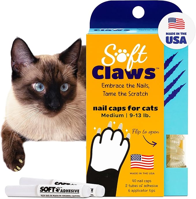 Soft Claws Cat Nail Caps for Medium Cats – (40 Caps, Clear) - Made in USA - Veterinarian-Developed | Protects Furniture & Skin - Easy to Apply, Long-Lasting Anti-Scratch Soft Cat Claw Covers