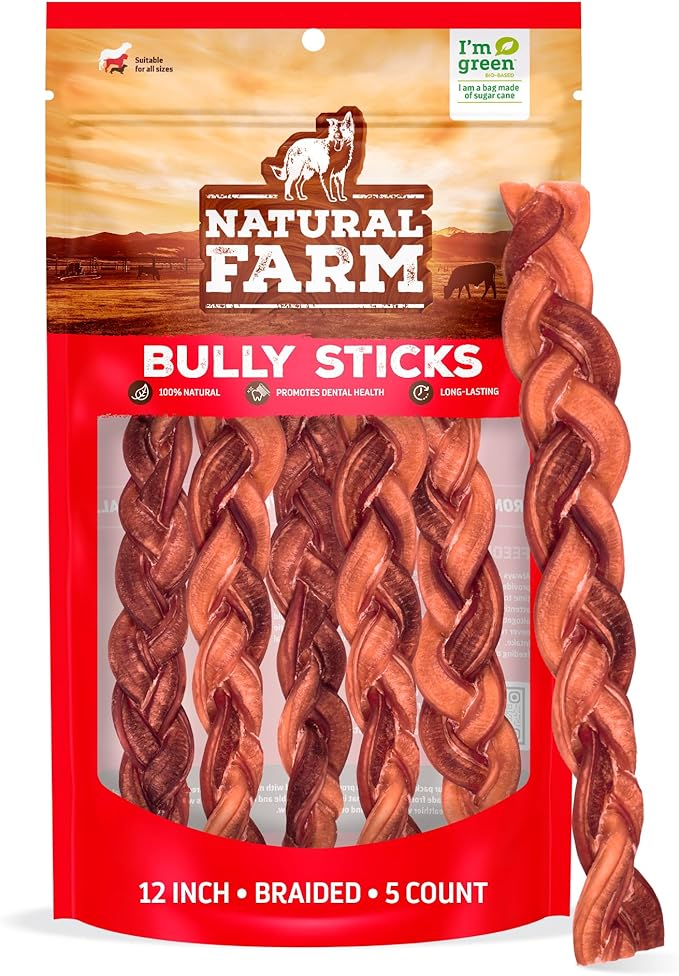 Natural Farm Odor-Free Braided Bully Sticks (12 Inch, 5 Pack) - 100% Grass-Fed Beef, Grain-Free, Low Fat & Fully Digestible Best Dental Treats - Safest Long Lasting Pizzle Chews to Keep Your Dog Busy