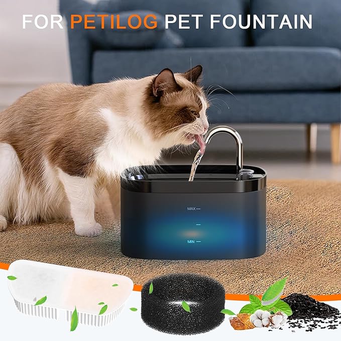 Cat Water Fountain Filters for 84oz/2.5L Petilog Pet Water Dispenser Fountain (4 Filters& 4Sponges)