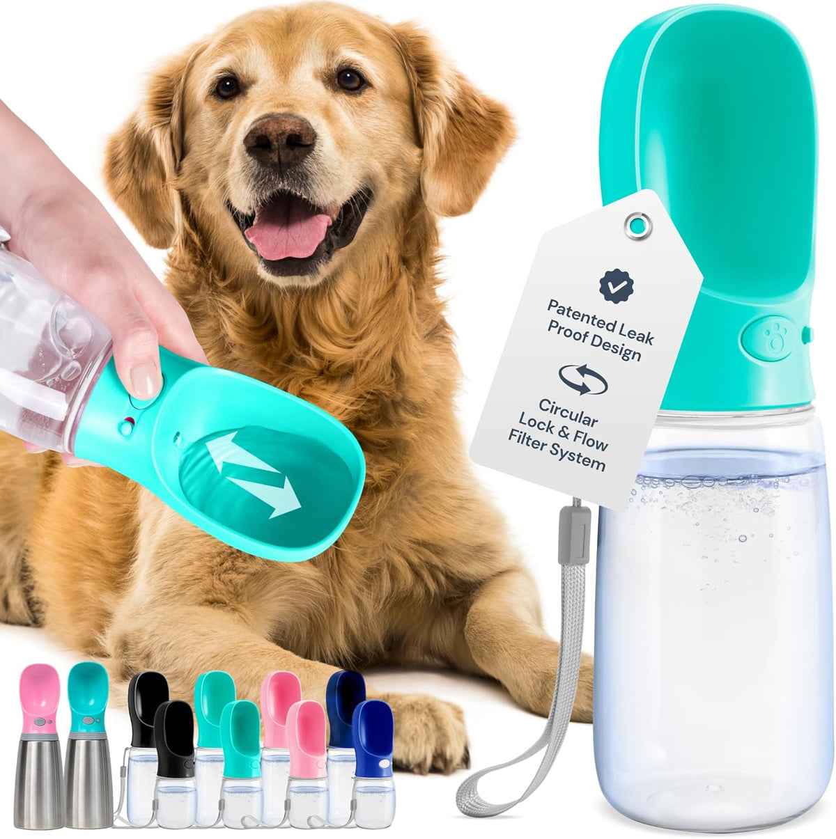 MalsiPree Portable Dog Water Bottle - 19 Oz, Blue - Leak-Proof Water Bowl Dispenser with Lock for Hiking, Travel & On-The-Go