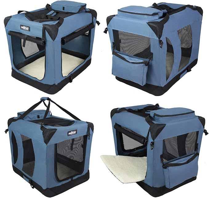 EliteField 3-Door Folding Soft Dog Crate with Carrying Bag and Fleece Bed (2 Year Warranty), Indoor & Outdoor Pet Home (20" L x 14" W x 14" H, Blue Gray)