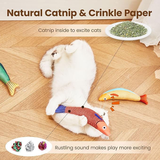Potaroma Cat Toys Saury Fish, 3 Pack, Catnip Crinkle Sound, Soft and Durable, Interactive Kitten Kicker for Indoor Kitty Exercise 9.4 Inches for All Breeds