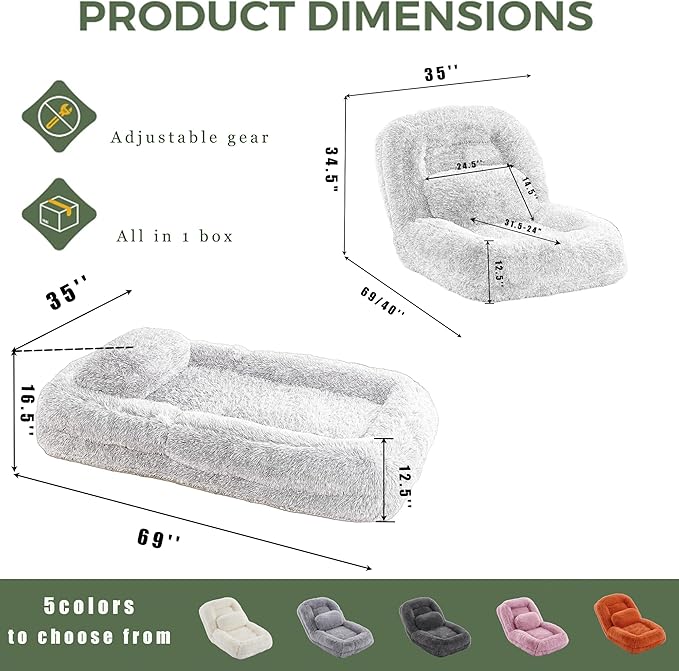 Human Dog Bed for Adult and Kids, Comfy Foldable Lazy Floor Sofa Bed with 5 Adjustable Position, Pink Upholstered Floor Bean Bag Lounger Chair for Bedroom, Living Room,Office (Pink)
