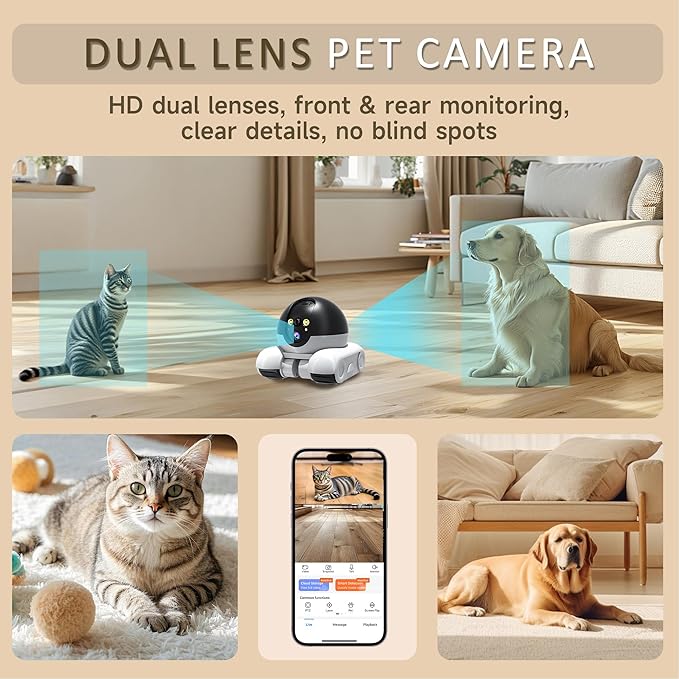 Pet Camera, 1080p Security Camera for Home, Movable Robot Pet Cam Indoor with Phone App, Wireless Dog/Cat/Baby Monitor WiFi Version+32G SD Card, 2-Way Talk, Night Vision, Motion Detection