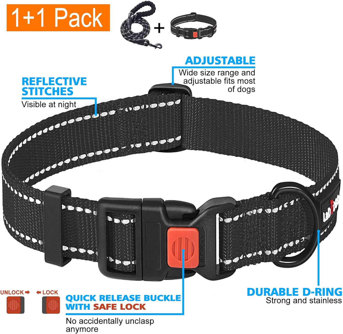 Heavy Duty Dog Leash - Comfortable Padded Handle, 5 ft Long - Dog Leashes for Small Medium Large Dogs (Leash+Collar S Neck 13.5"-16", Black)