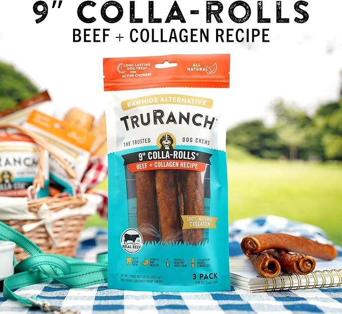 Collagen Rolls - 9" Collagen Rolls for Dogs - Long Lasting Healthy Joint Support - Rawhide Alternative - Skin & Coat Health - Made with Real Beef, Value Pack, 15 Bags, 45 Count