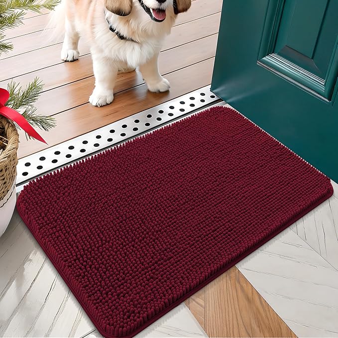 OLANLY Dog Door Mat for Muddy Paws 30x17, Absorbs Moisture and Dirt, Absorbent Non-Slip Washable Doormat, Quick Dry Chenille Mud Mat for Dogs, Entry Indoor Entryway Carpet for Inside Floor, Burgundy