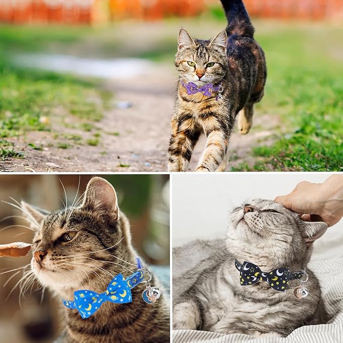 SCENEREAL Breakaway Cat Collar with Bell, 3 Pack Safety Adjustable Cat Collars with Pendant, Spring Summer Personalised Puppy Kitten Collar with Bowtie for Boys Girls, Star and Moon Elements