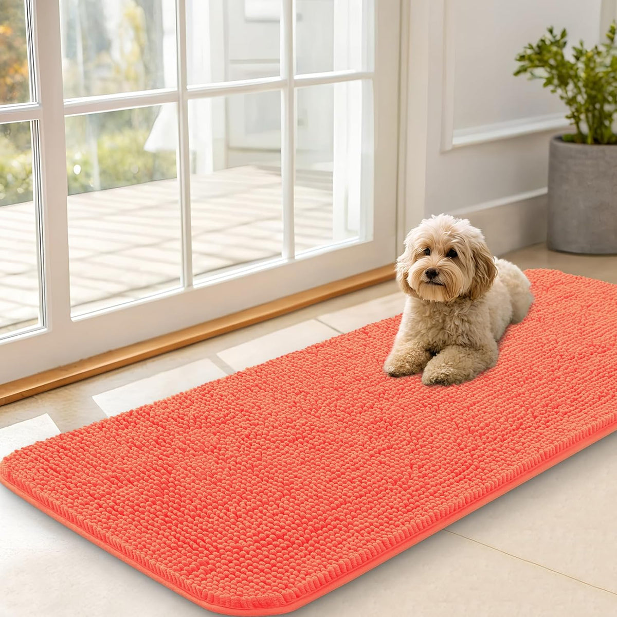 OLANLY Dog Door Mat for Muddy Paws 47x20, Absorbs Moisture and Dirt, Absorbent Non-Slip Washable Doormat, Quick Dry Chenille Mud Mat for Dogs, Entry Indoor Entryway Carpet for Inside Floor, Coral