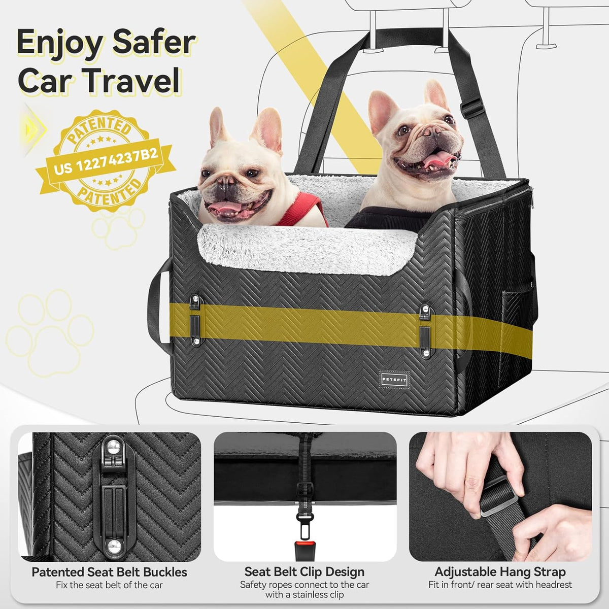 PETSFIT Dog Car Seat Medium Sized Dog, Waterproof PU Leather Dog Seat for Car with Patented Safe Buckles, 2 Clip-On Safety Leashes, Suitable for 2 Small Dogs (Medium, Black)
