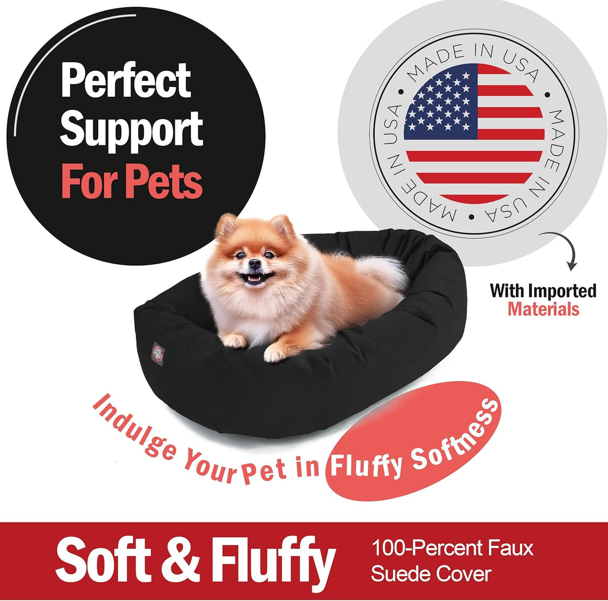 Majestic Pet 24 Inch Suede Shredded Memory Foam Mix Calming Small Dog Bed Washable 24 x 19 x 7 (Inch) - Cozy Soft Round Donut Dog Bed with Spine for Head Support - Pet Bed Black