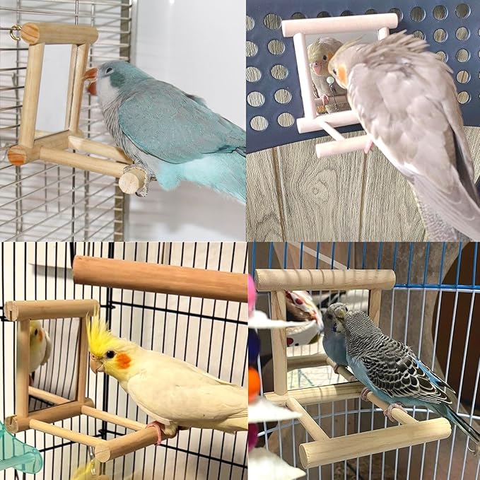 Bird Mirror Parakeet Mirror Perch Stand Wooden Swing Mirror Toy Cage Accessories for Parrots Budgies Parakeets Cockatiels Lovebirds Finches