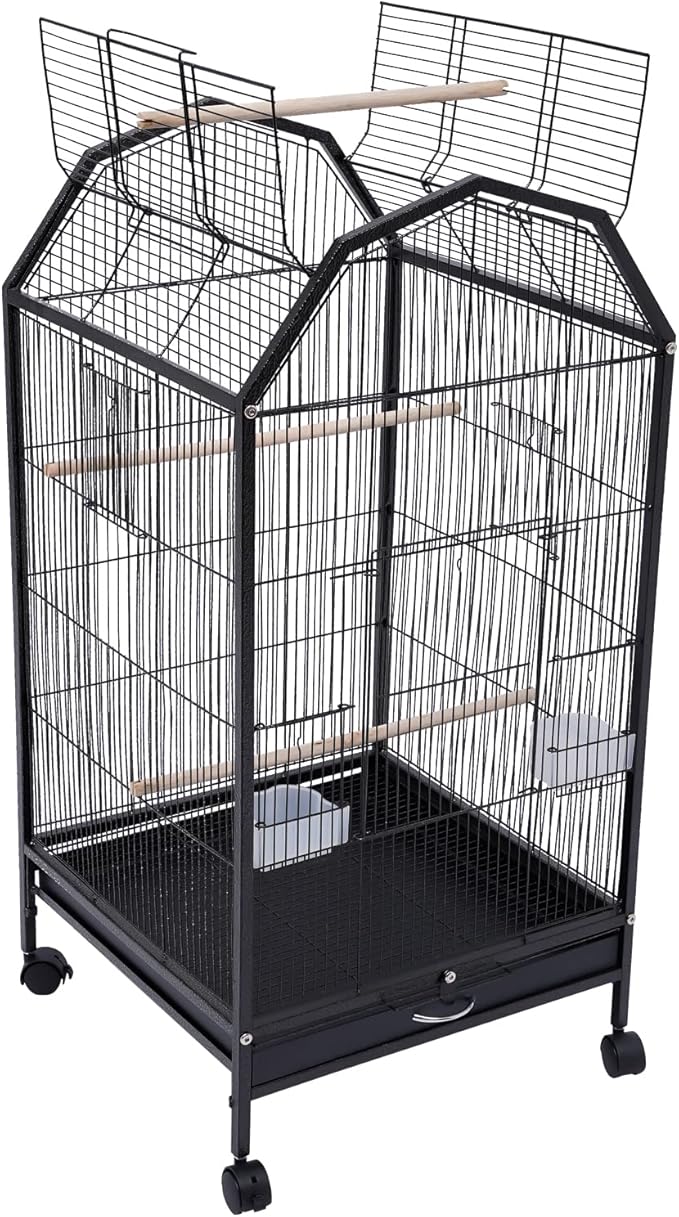 40 Inch Bird Cage with Play Open Top & Lockable Rolling Stand, Medium Birdcage for Parrot Lovebirds Finches Canaries Parakeets Cockatiels Budgie Parrotlet Conures, Black