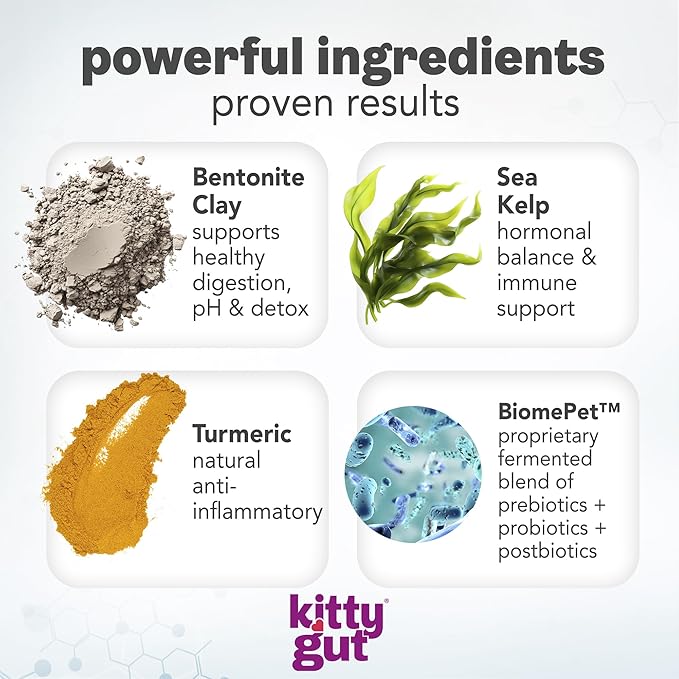 KittyGut 3-in-1 Organic Cat Probiotics & Postbiotic Supplement Powder- Made in USA-Probiotics for Cats Promote Gut Health and Cat Digestive Support, Diarrhea and Vomiting (60g)