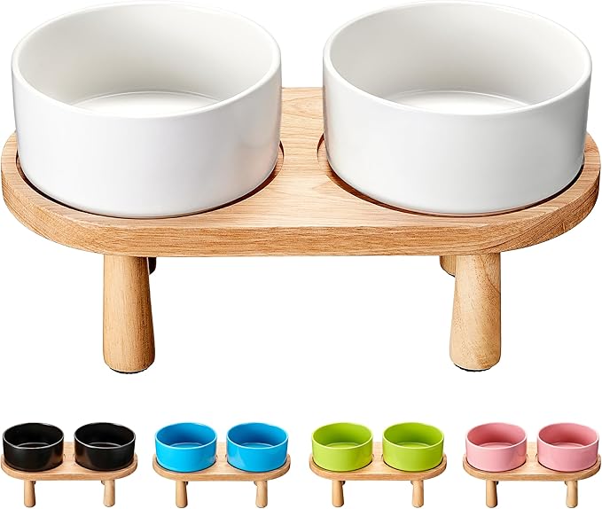 Ceramic Elevated Dog Bowls, Pet Food and Water Bowl Set for Medium and Small Dogs, 3.5 Cups Dog Bowls Raised with Wood Stand, 29OZ, White