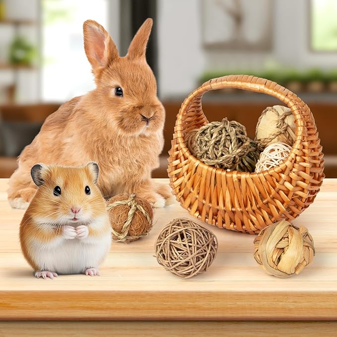 Sofier Rabbit & Guinea Pig Toys 16 Pcs Chew Grass Balls Natural Chews for Rodents - Handmade Enrichment Treats for Chinchillas, Guinea Pigs