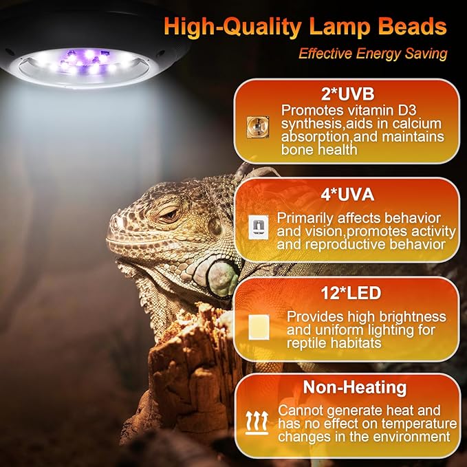 LED UVB Light for Reptiles, 8W UVA UVB Lamp – Timer Switch, Adjustable Brightness, Ferguson Zones 1-4, Energy-Efficient, UVI Lamp for Bearded Dragons, Chameleon, Lizard, Snake, Gecko – Silver