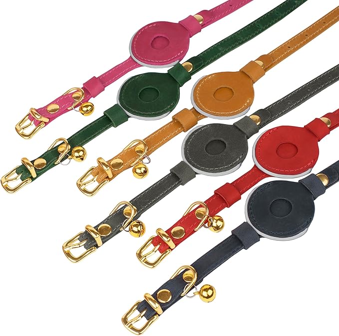 OOPSDOGGY Reflective Leather AirTag Cat Collar with Bell - Non Breakaway Adjustable Pet Collar with Apple Air Tag Holder - Lightweight GPS Kitten Collars for Small Dogs Puppy (Pink)