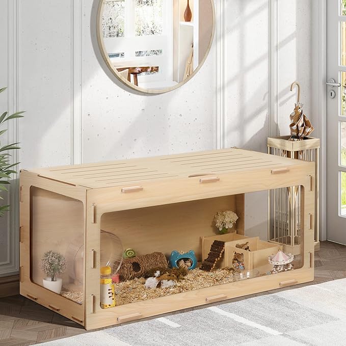 COZIWOW Wooden Hamster Cage Chewproof, Bigger World - 32" Large Hamster Cages and Habitats, Openable Top & 3 Side Acrylic Sheets, Small Animal Cage Pet House for Syrian Dwarf Guinea Pig Chinchilla