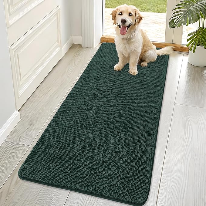 OLANLY Dog Door Mat for Muddy Paws 70x32, Absorbs Moisture and Dirt, Absorbent Non-Slip Washable Doormat, Quick Dry Chenille Mud Mat, Entry Indoor Entryway Carpet for Inside Floor, Blackish Green